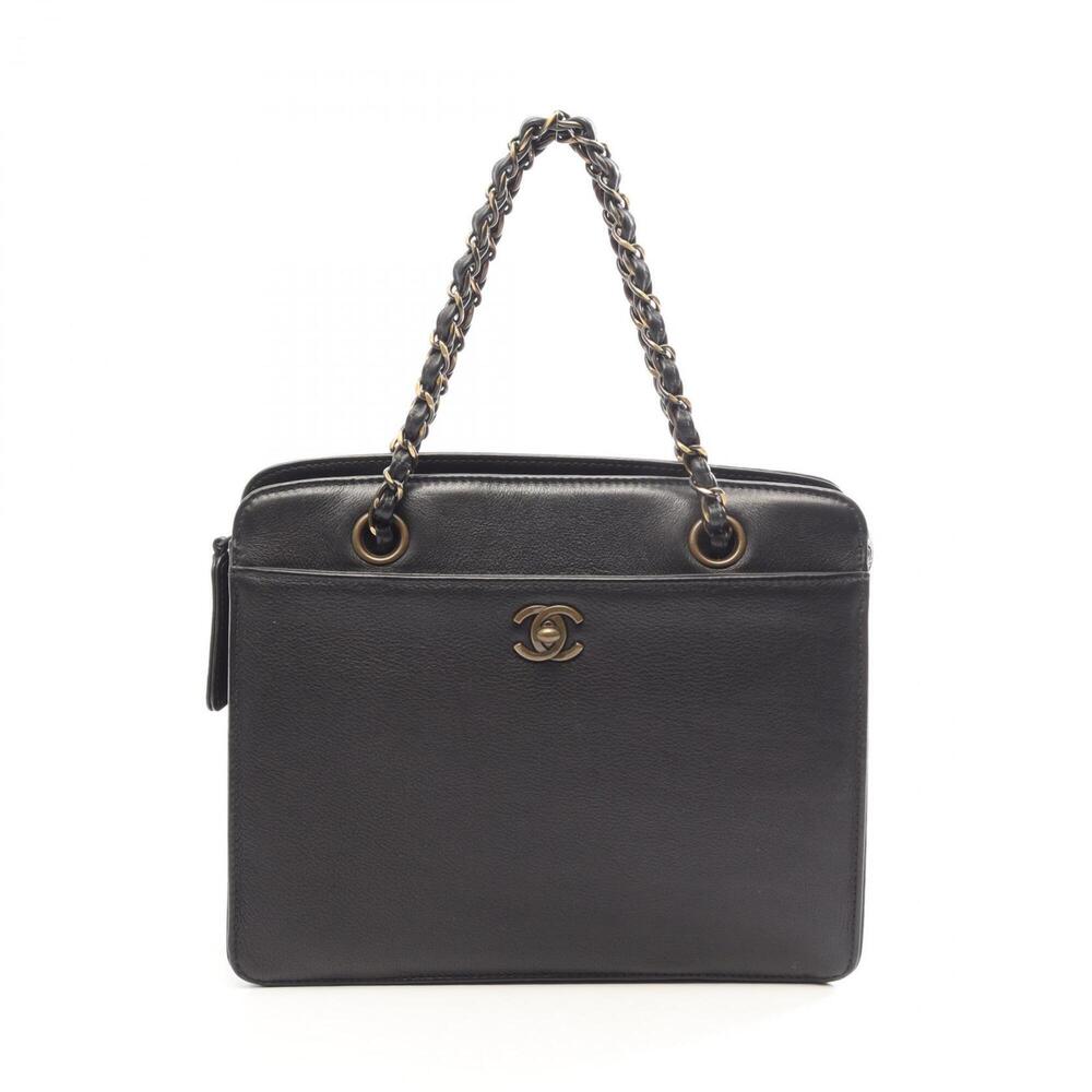 Chanel CHANEL Coco Mark Antique Gold Hardware Handbag Leather Women's Black